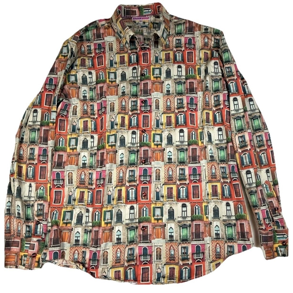 Coton Doux Shirt Mens 44 17 1/2 Multicolor Window Print Long Sleeve Button Up